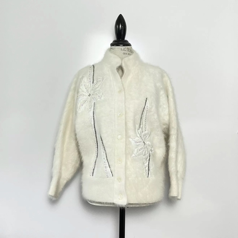 Vintage Mohair Cardigan Sweater Padded Shoulders Size Small